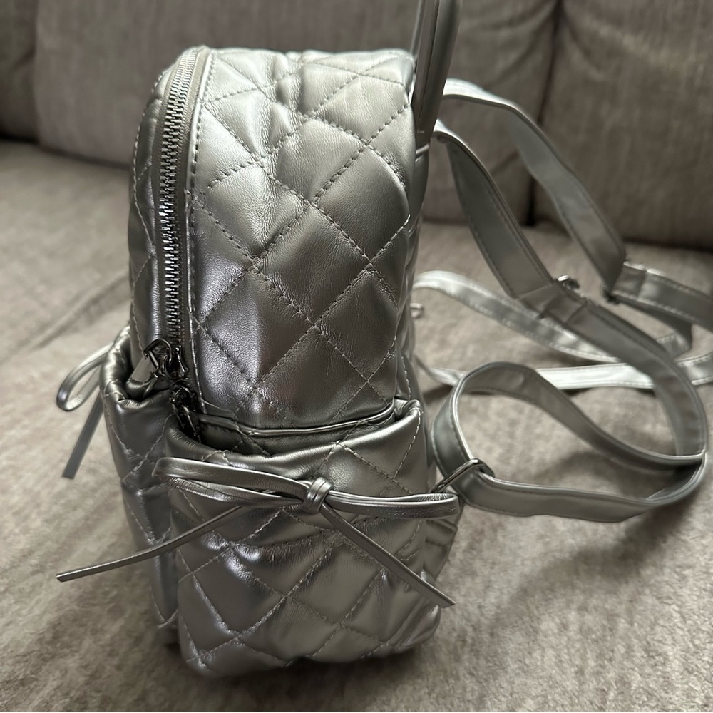 Metallic Silver Mini Backpack Quilted Vegan Leather Bowknot Shoulder Bag - Picture 5 of 10